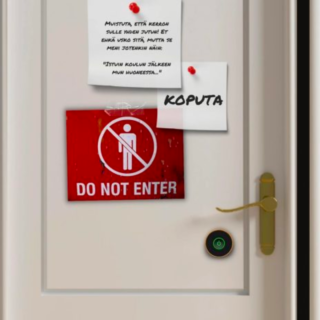 mediakasvatuksen verkkopelistä kuva, jossa ovi ja lappuja
